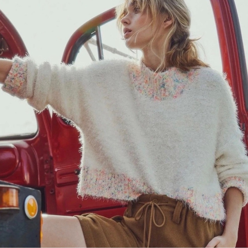 Free People Cream Mohair-Blend Crew Sweater with Pastel Trim